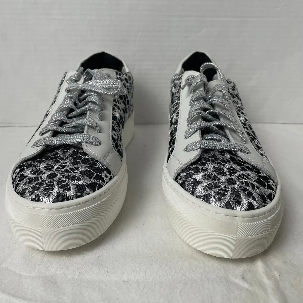 P448 Thea White/Black/Silver Embroidered Flower Low Top Sneakers - Picture 4 of 9